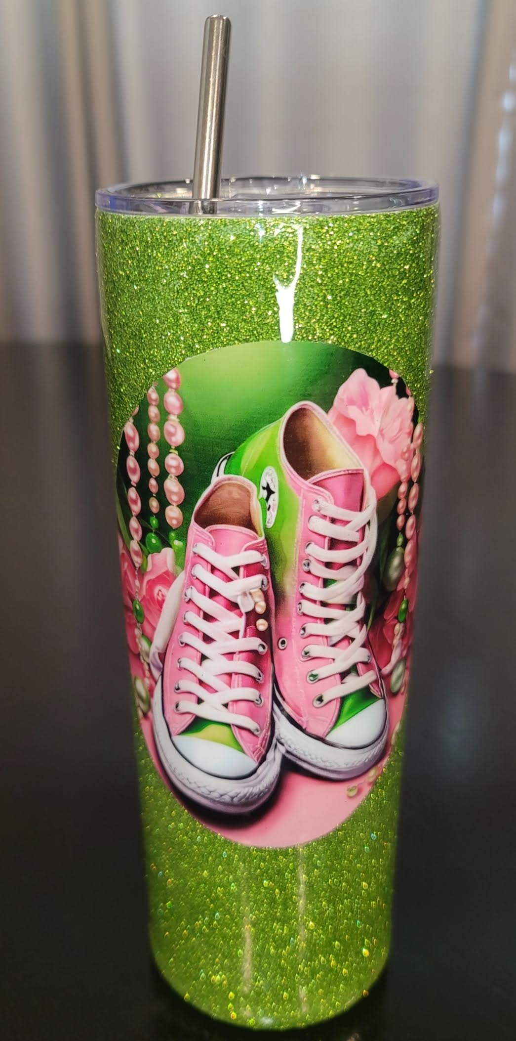 Chucks and Pearls Green Glitter 20 oz tumbler wiith lid and metal straw