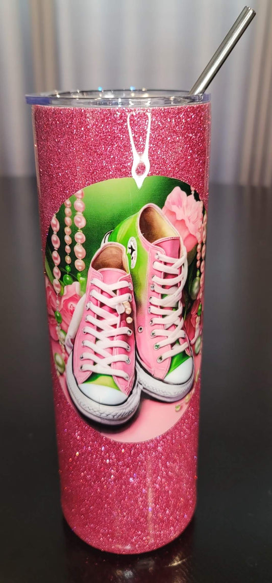 Chucks and Pearls 20 oz Pink Glitter Tumbler with lid and metal straw