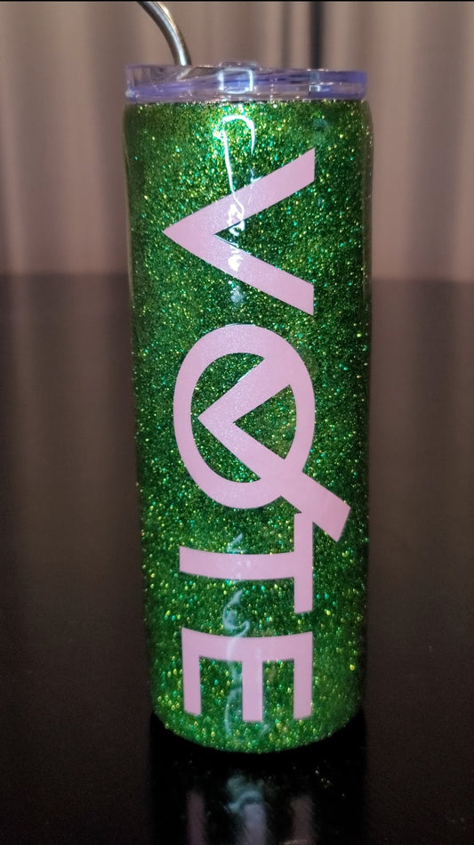 VOTE! 20 oz Green Glitter Tumbler with lid and metal straw